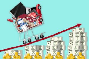 تصویر مفهومی تورم چیست؛ سبد خرید در حال حرکت روی روند صعودی قیمت‌ها و افزایش مقدار پول برای خرید کالاها