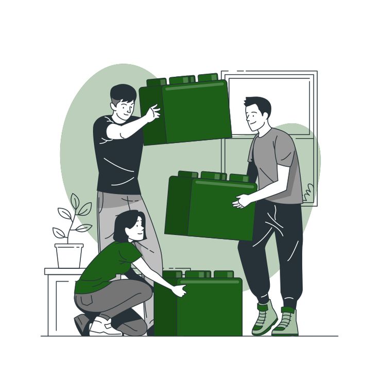 Illustrated scene of three people placing large blocks together to collaborate and build something collectively.