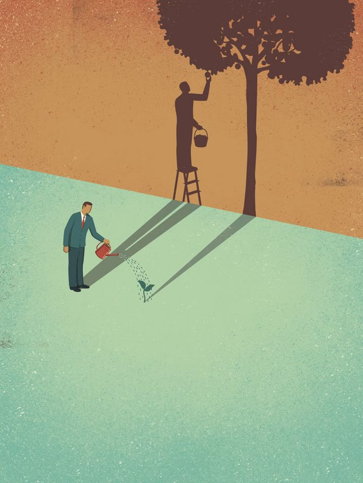 A man waters a young sapling in a courtyard, while a shadow on the wall shows a mature tree with a ladder and someone harvesting fruit, symbolizing future rewards of disciplined effort.